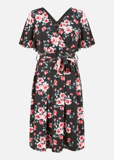Mela Floral Wrap Dress With Angel Sleeve In Black