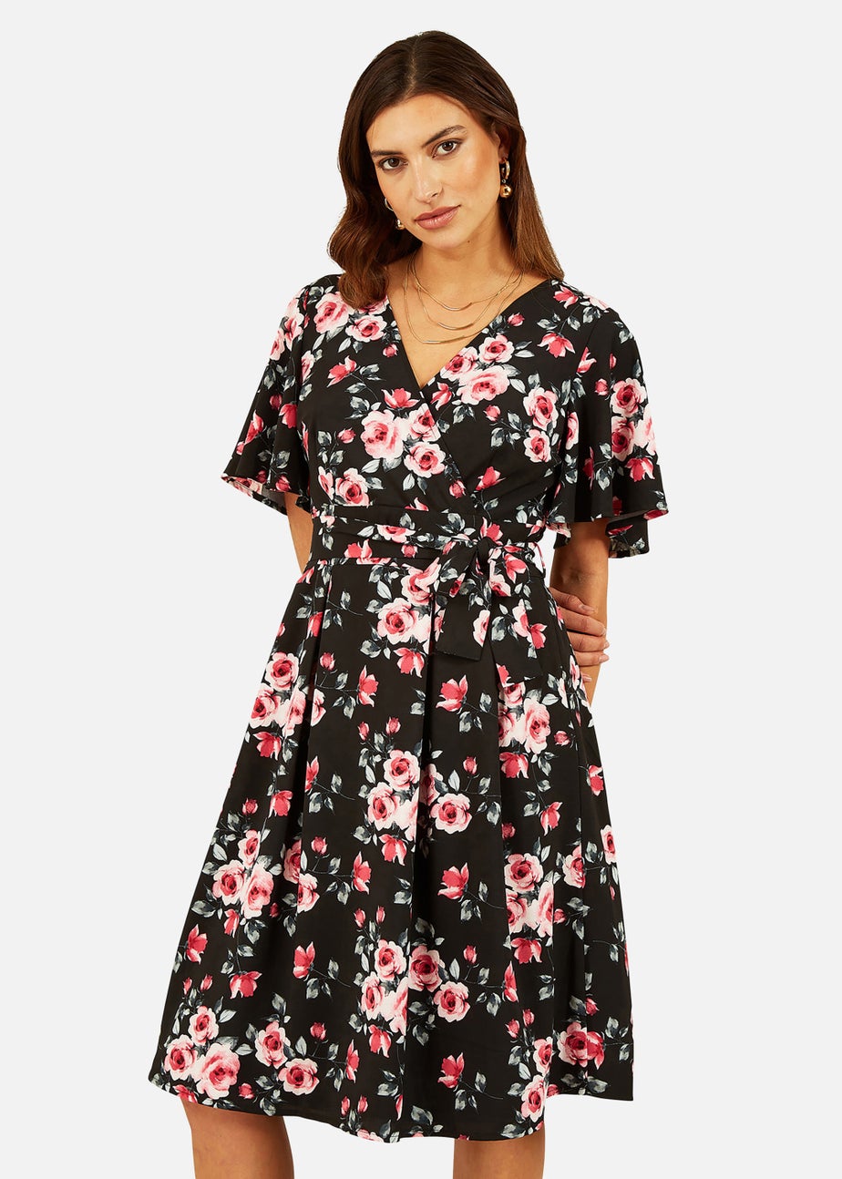 Mela Floral Wrap Dress With Angel Sleeve In Black