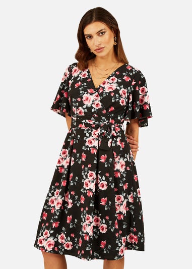 Mela Floral Wrap Dress With Angel Sleeve In Black