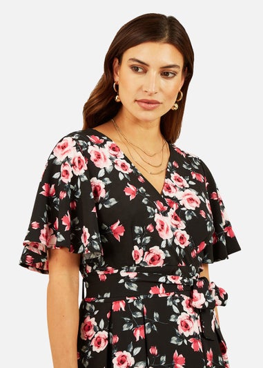 Mela Floral Wrap Dress With Angel Sleeve In Black
