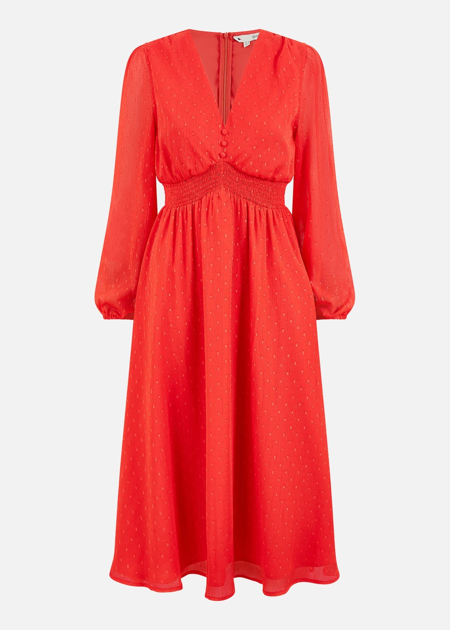 Yumi Metallic Dobby Long Sleeve Midi Dress In Red