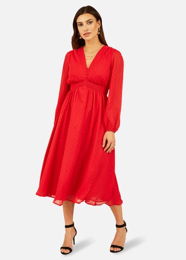 Yumi Metallic Dobby Long Sleeve Midi Dress In Red