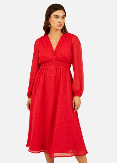 Yumi Metallic Dobby Long Sleeve Midi Dress In Red