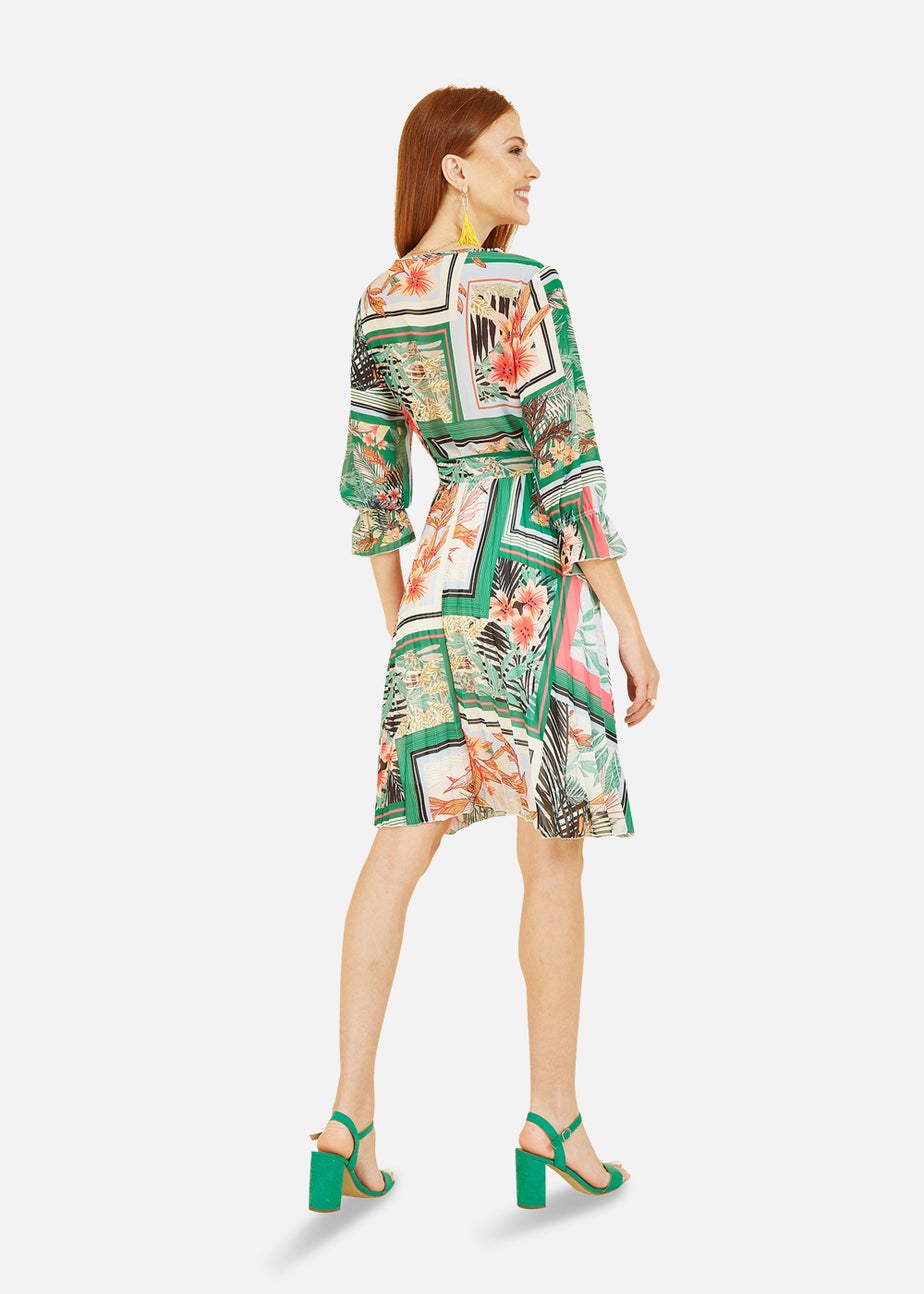 Yumi Green Scarf Print Tropical Pleated Dress with Belt