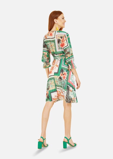 Yumi Green Scarf Print Tropical Pleated Dress with Belt