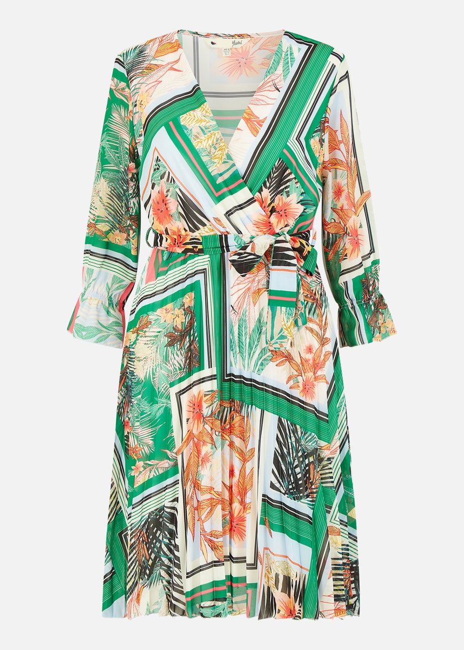 Yumi Green Scarf Print Tropical Pleated Dress with Belt