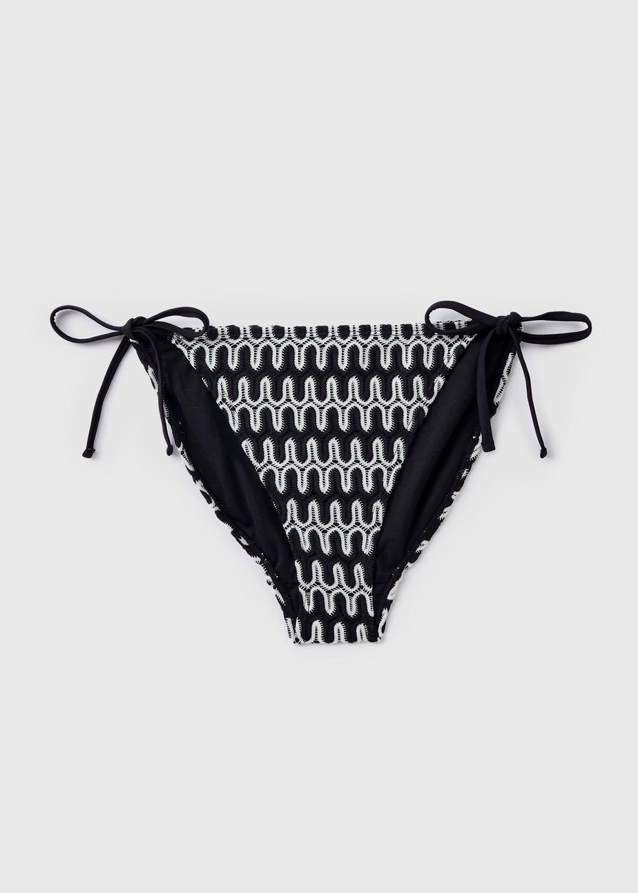 Black Mono Print Textured Bikini Bottoms