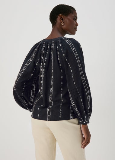 Black Dobby Mono Embroidered Blouse Top