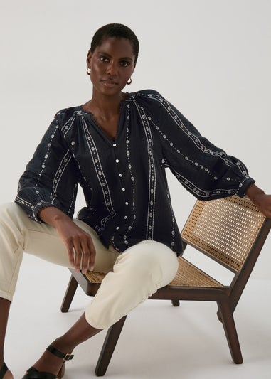 Black Dobby Mono Embroidered Blouse Top