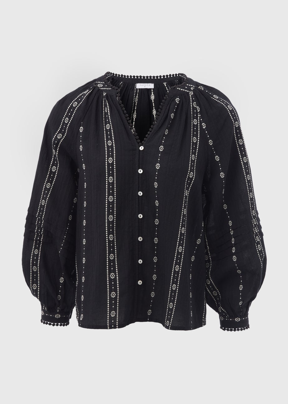 Black Dobby Mono Embroidered Blouse Top