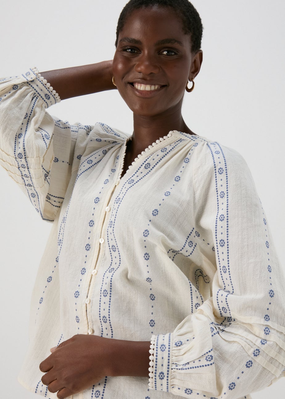 Cream Dobby Embroidered Blouse Top