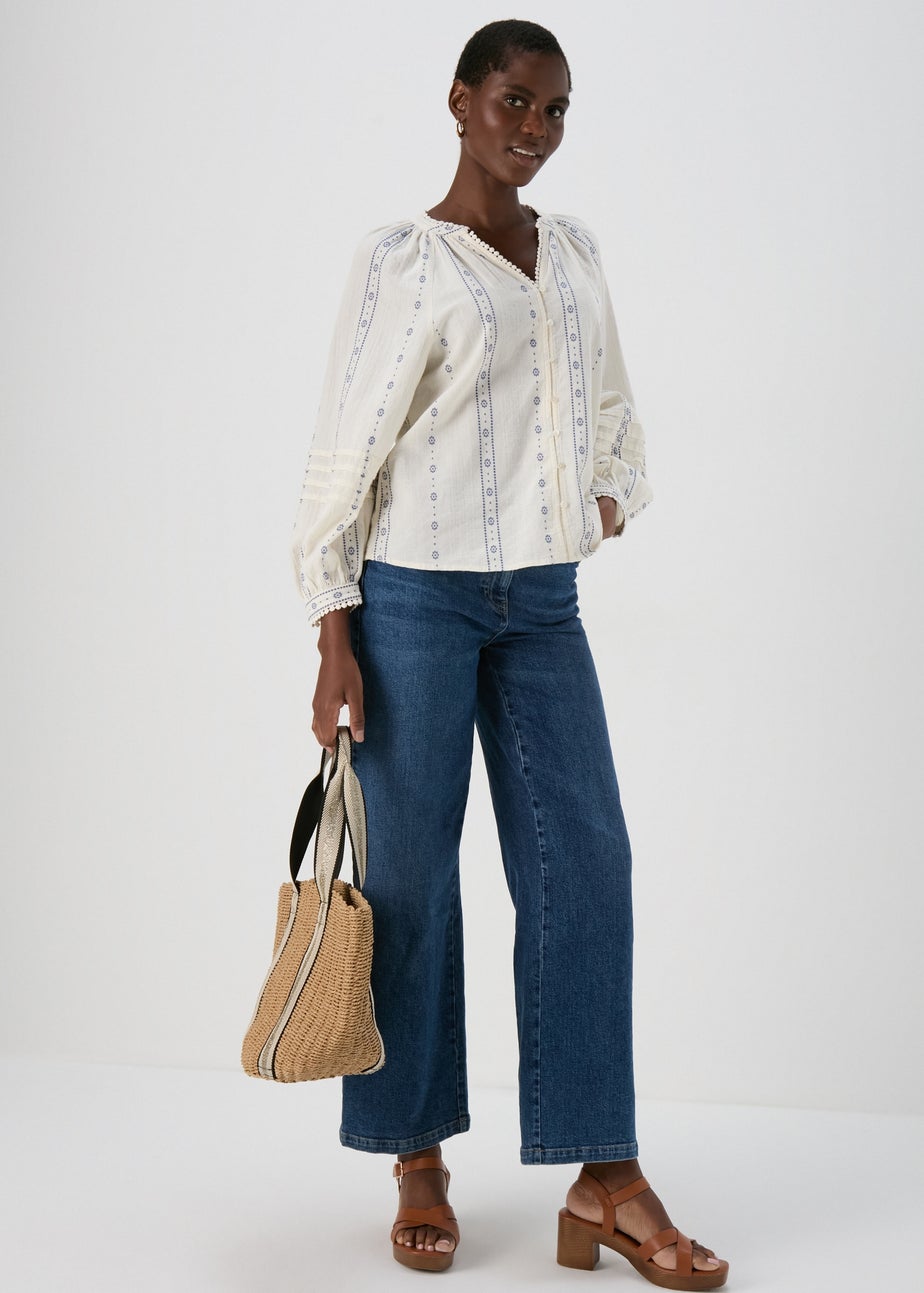 Cream Dobby Embroidered Blouse Top