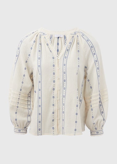 Cream Dobby Embroidered Blouse Top