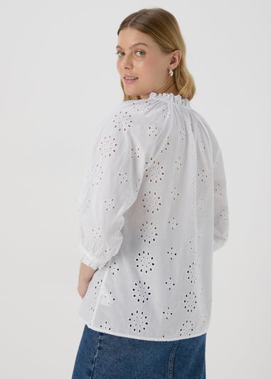 White Broid Peasent Blouse Top
