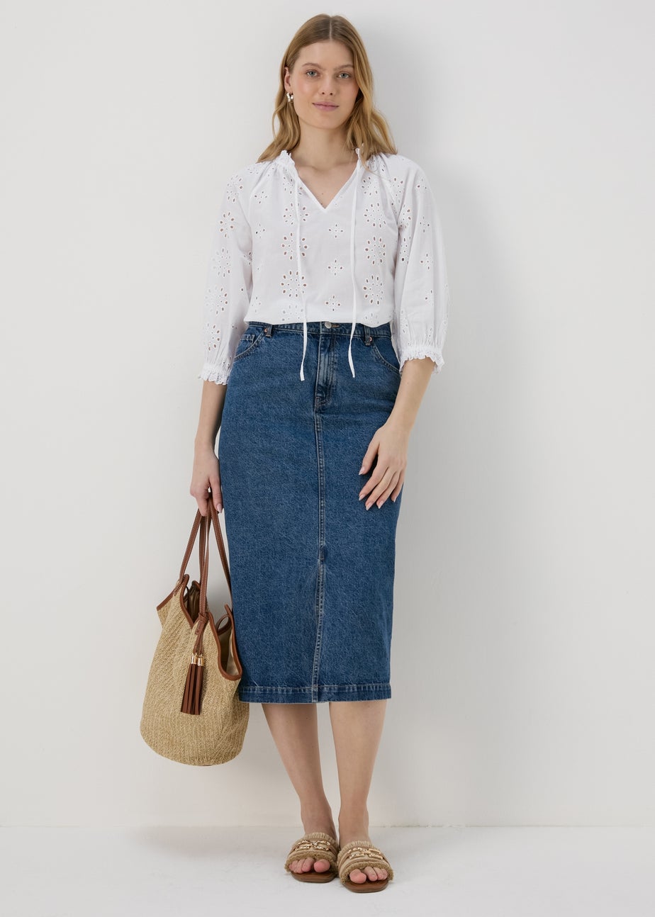 White Broid Peasent Blouse Top