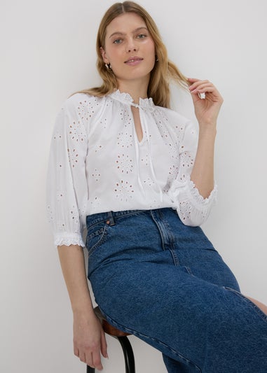 White Broid Peasent Blouse Top