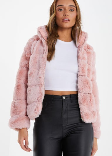 Quiz Pink Faux Fur Short Puffer Jacket