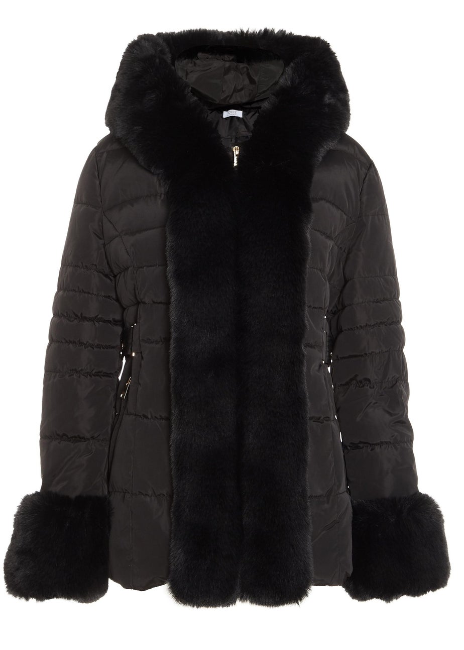 Quiz Black Padded Faux Fur Trim Jacket