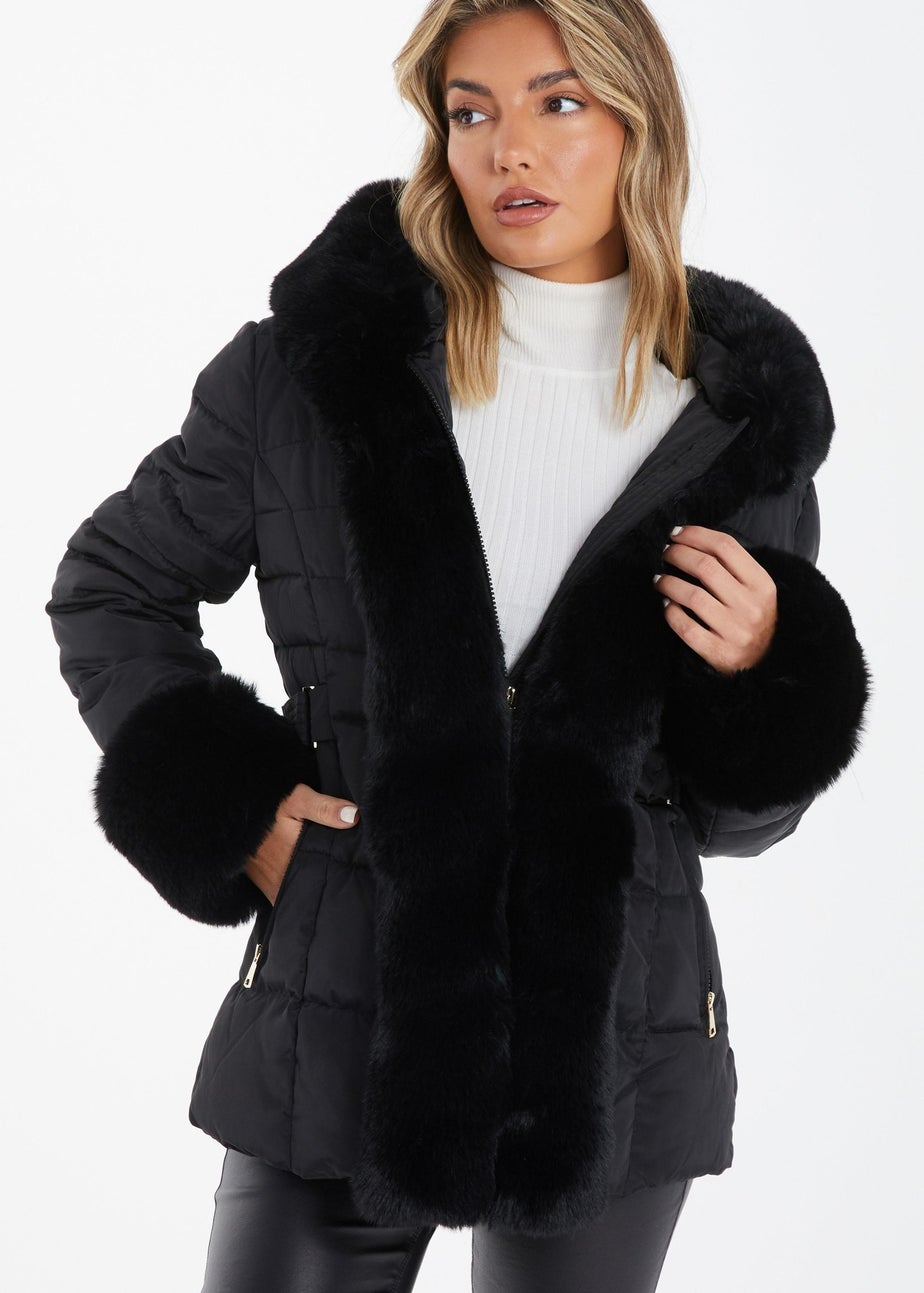 Quiz Black Padded Faux Fur Trim Jacket