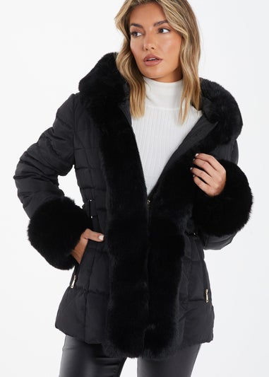 Quiz Black Padded Faux Fur Trim Jacket