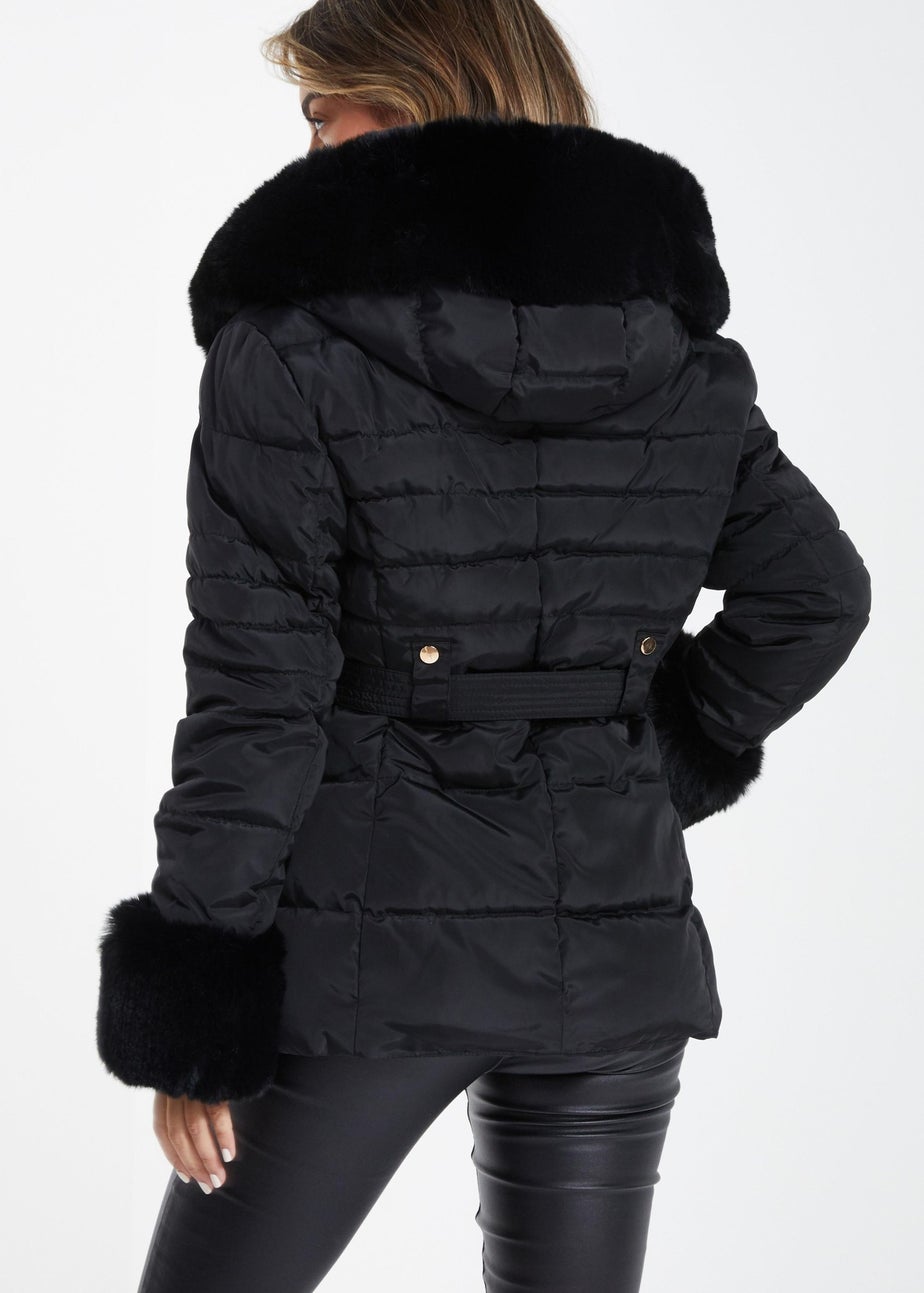 Quiz Black Padded Faux Fur Trim Jacket
