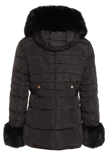 Quiz Black Padded Faux Fur Trim Jacket