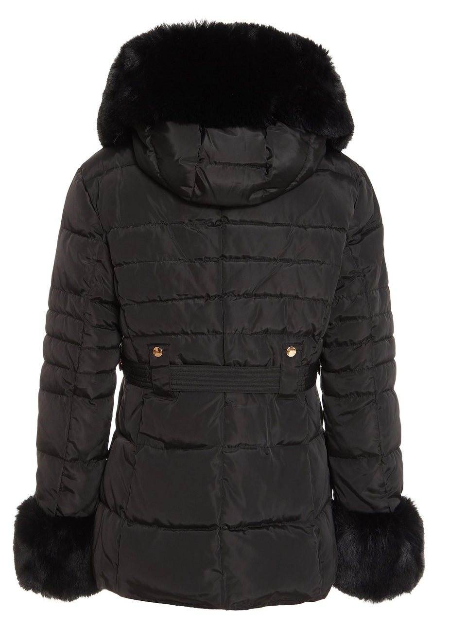 Quiz Black Padded Faux Fur Trim Jacket