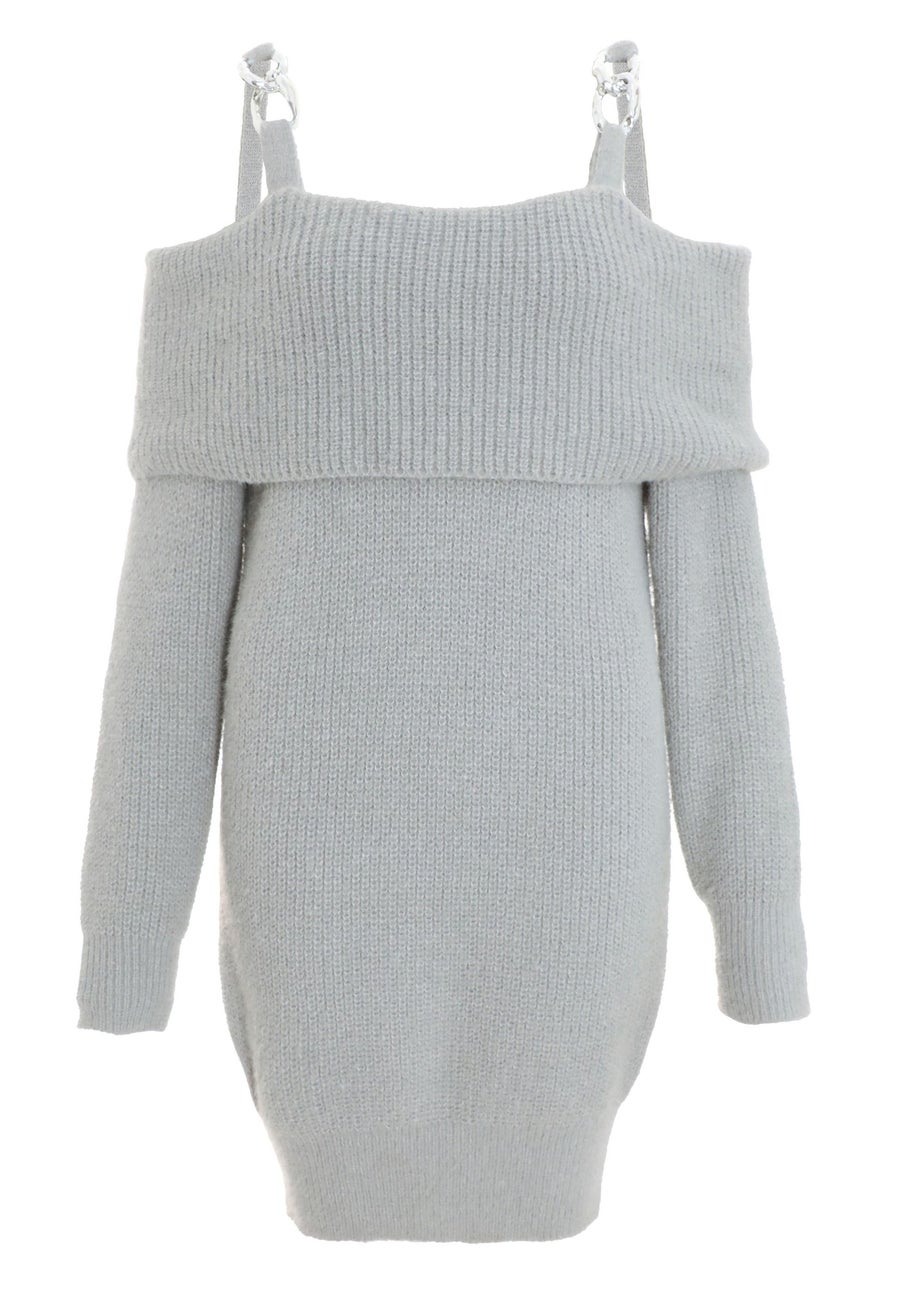 Quiz Grey Knitted Cold Shoulder Jumper Dress