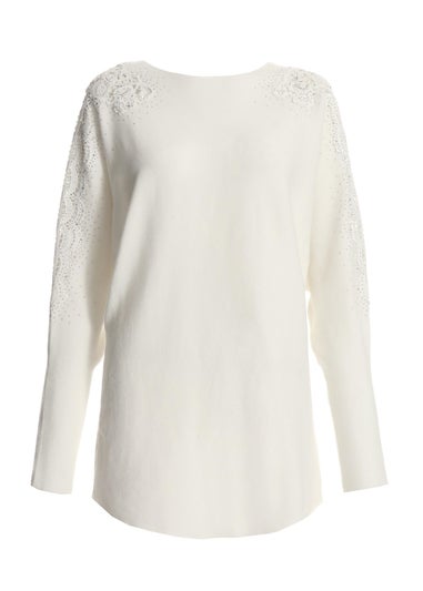 Quiz Cream Light Knit Embellished Jumper