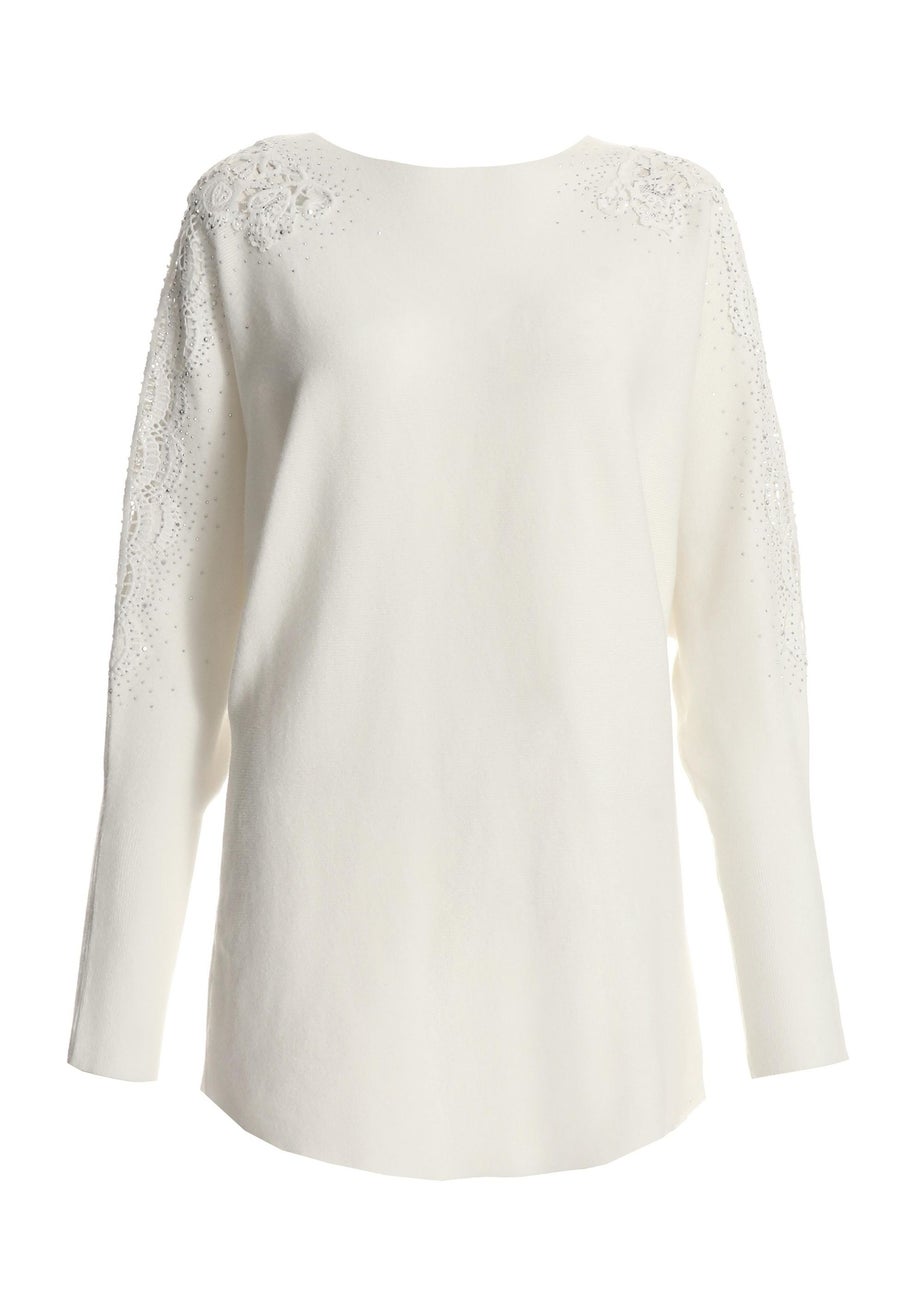 Quiz Cream Light Knit Embellished Jumper