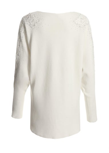 Quiz Cream Light Knit Embellished Jumper