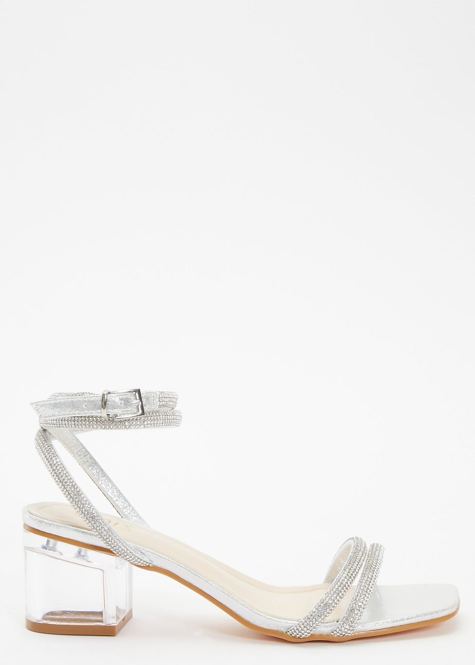 Quiz Silver Diamante Clear Low Heeled Sandals