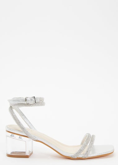 Quiz Silver Diamante Clear Low Heeled Sandals