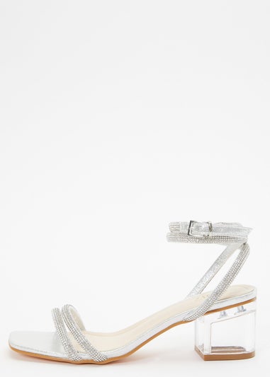 Quiz Silver Diamante Clear Low Heeled Sandals