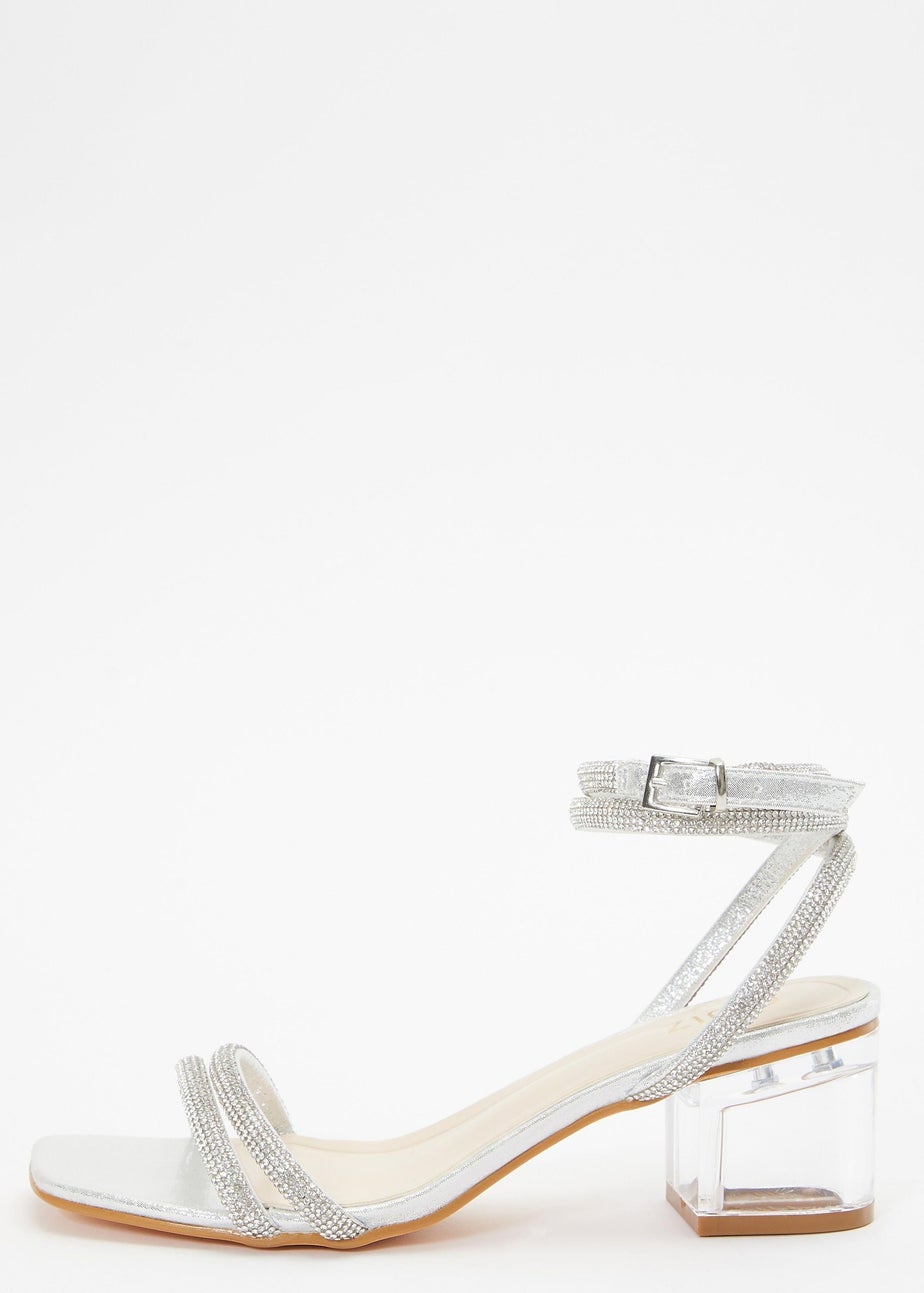 Quiz Silver Diamante Clear Low Heeled Sandals