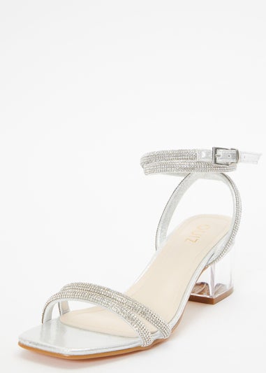 Quiz Silver Diamante Clear Low Heeled Sandals