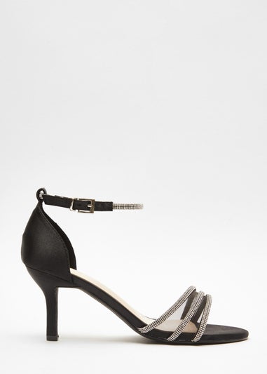 Quiz Black Satin Diamante Mesh Low Heels