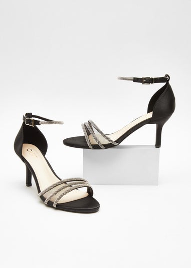 Quiz Black Satin Diamante Mesh Low Heels