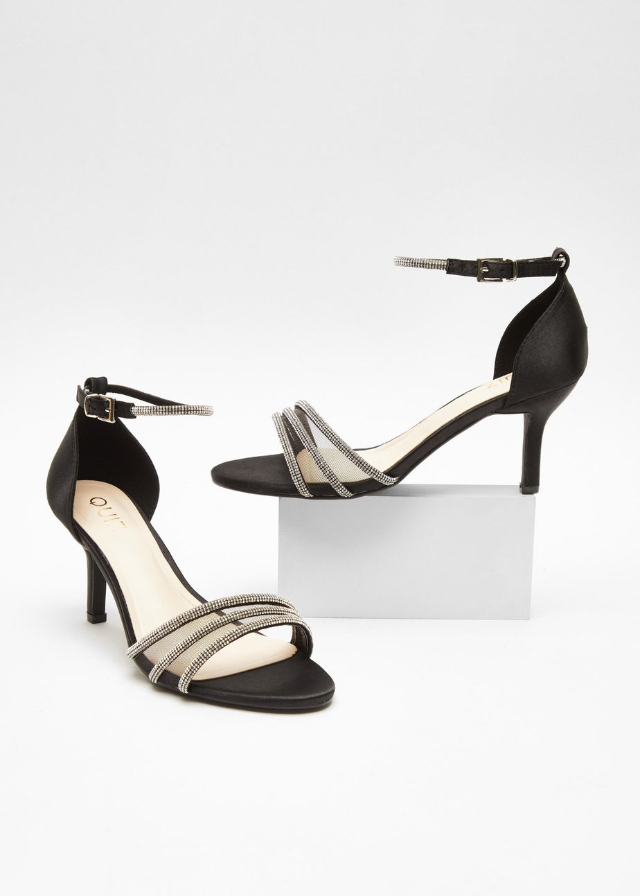 Quiz Black Satin Diamante Mesh Low Heels