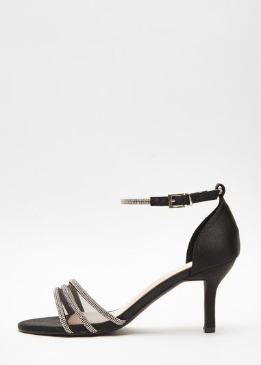 Quiz Black Satin Diamante Mesh Low Heels