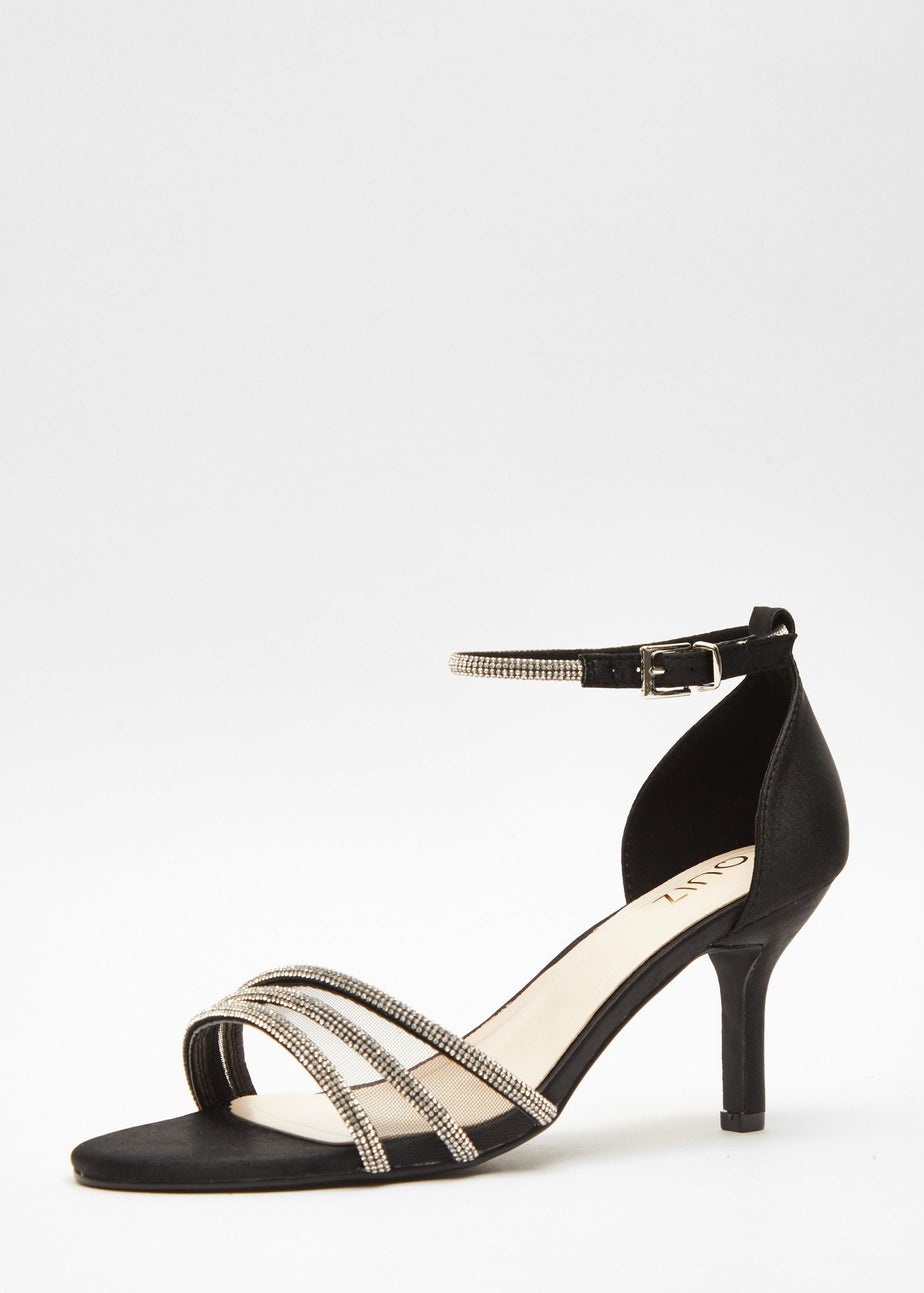 Quiz Black Satin Diamante Mesh Low Heels