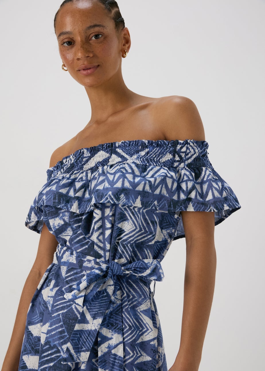 Blue Aztec Print Bardot Midi Cotton Dress