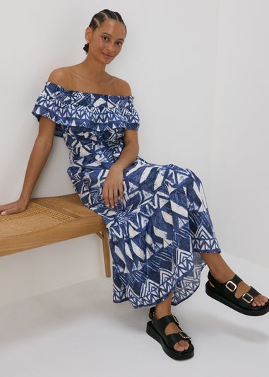 Blue Aztec Print Bardot Midi Cotton Dress