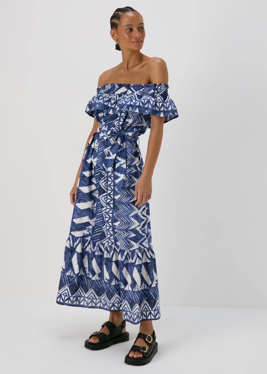 Blue Aztec Print Bardot Midi Cotton Dress