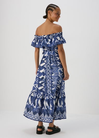 Blue Aztec Print Bardot Midi Cotton Dress