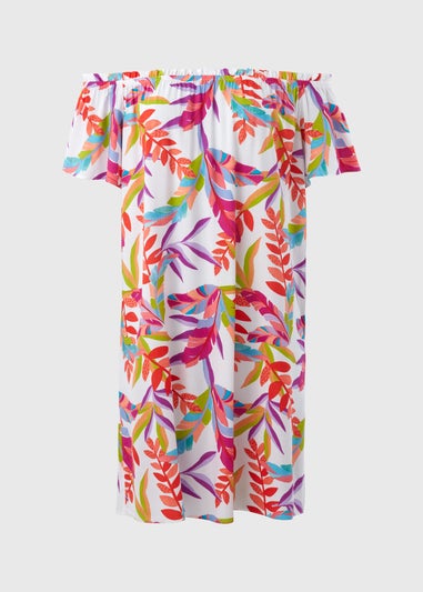 White Multicolour Leaf Print Bardot Dress