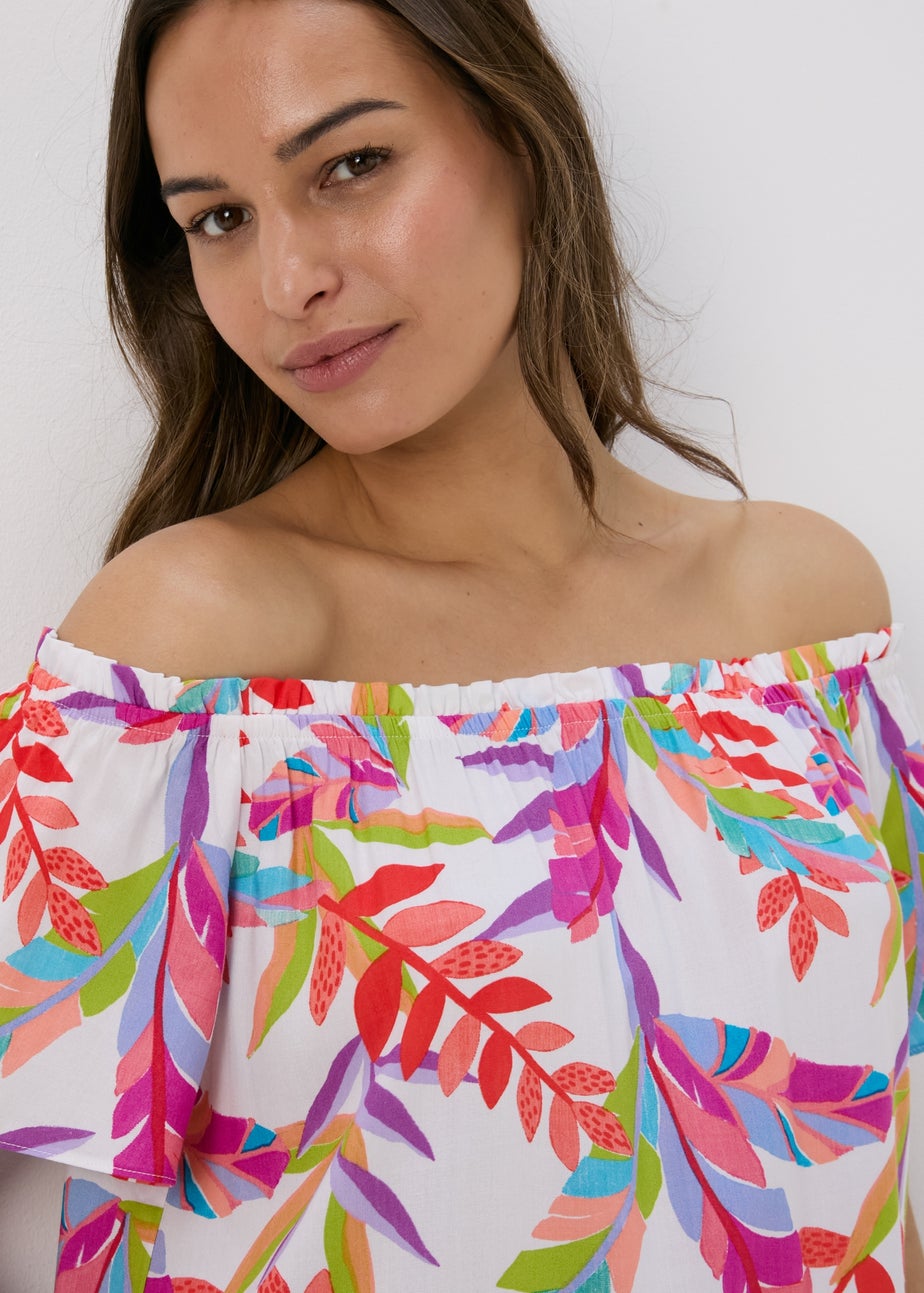 White Multicolour Leaf Print Bardot Dress