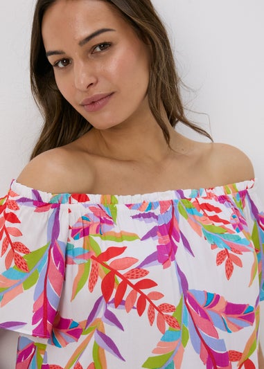 White Multicolour Leaf Print Bardot Dress