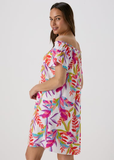 White Multicolour Leaf Print Bardot Dress