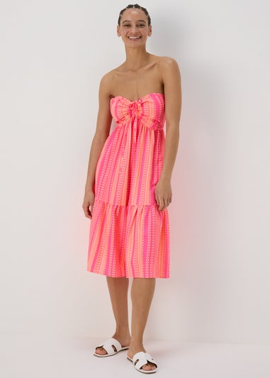 Pink Aztec Ruched Bandeau Midi Dress